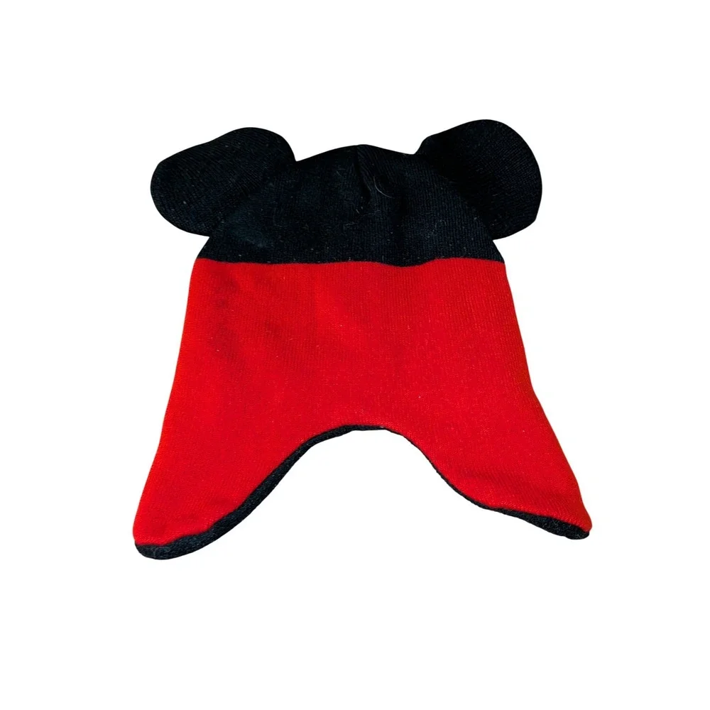 Disney Mickey Mouse Toddler Knit Beanie‎ Hat with Ears Red Black Cotton Earflap